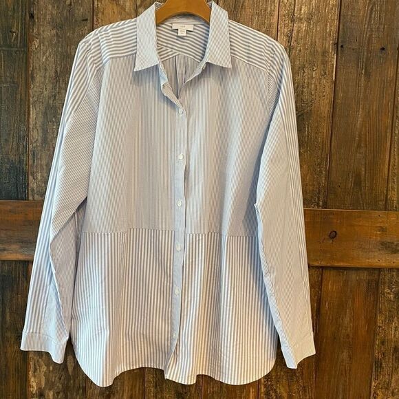 J. Jill Sz L Tall Blue White Pin Striped Casual Cotton Lightweight Tunic - Picture 2 of 10